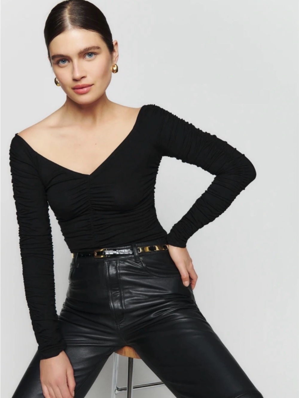 NWT Reformation Black Ruched Off-Shoulder Long Sleeve Top
